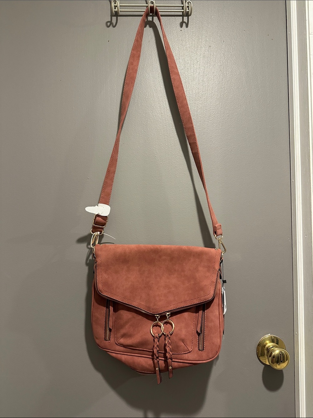 Dusty Rose Suede-Style Crossbody Bag with Braided Tassels